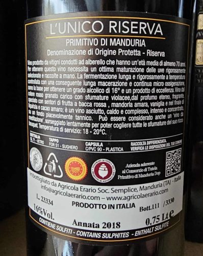 L'Unico 16° Primitivo di Manduria Riserva - Erario