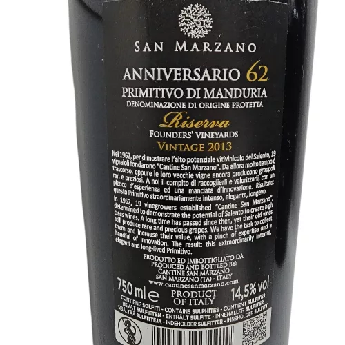 San Marzano 62 Anniversario Primitivo di Manduria Riserva – 6 évjáratos exkluzív válogatás