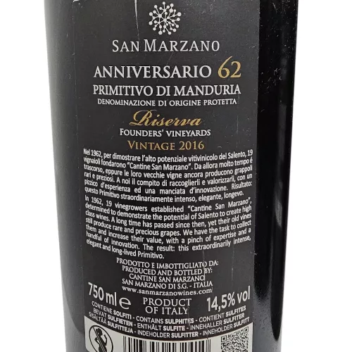 San Marzano 62 Anniversario Primitivo di Manduria Riserva – 6 évjáratos exkluzív válogatás