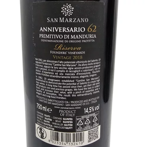 San Marzano 62 Anniversario Primitivo di Manduria Riserva – 6 évjáratos exkluzív válogatás