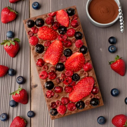 Tejcsokoládé piros gyümölcsökkel